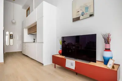 Una televisión o centro de entretenimiento en Pop art historia de Conde Negro con patio privado